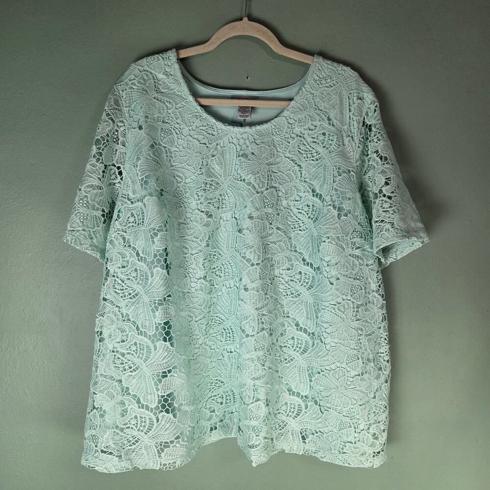 Catherines Womens Blouses Top 2X Green Butterfly Crochet Embroidered Front Mint
